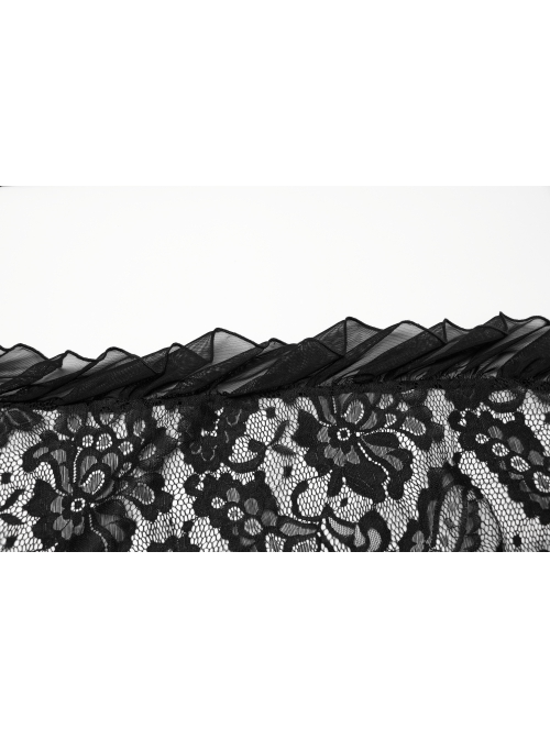 Black Elegant Sexy V Neck Lace Ruffle High Slit Design Daily Versatile Gothic Style Suspender Dress