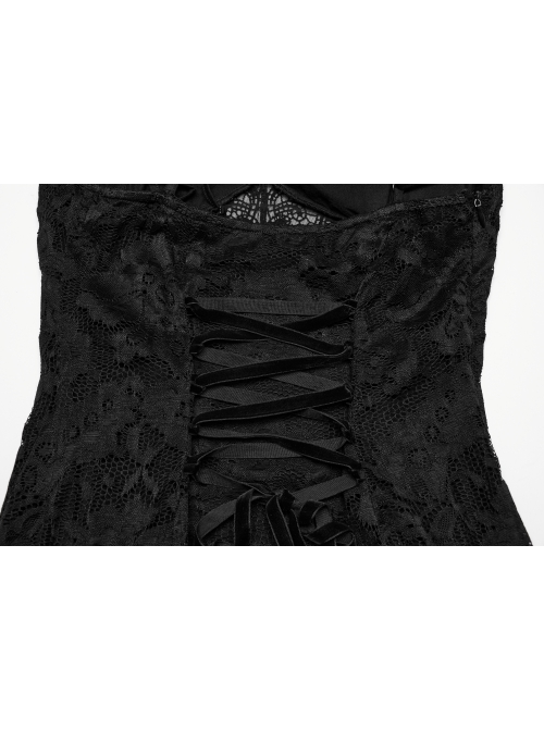 Black Elegant Sexy V Neck Lace Ruffle High Slit Design Daily Versatile Gothic Style Suspender Dress