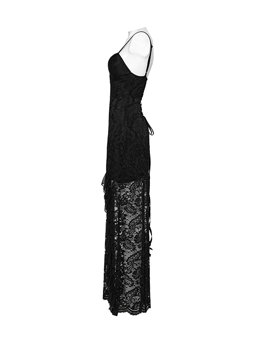 Black Elegant Sexy V Neck Lace Ruffle High Slit Design Daily Versatile Gothic Style Suspender Dress
