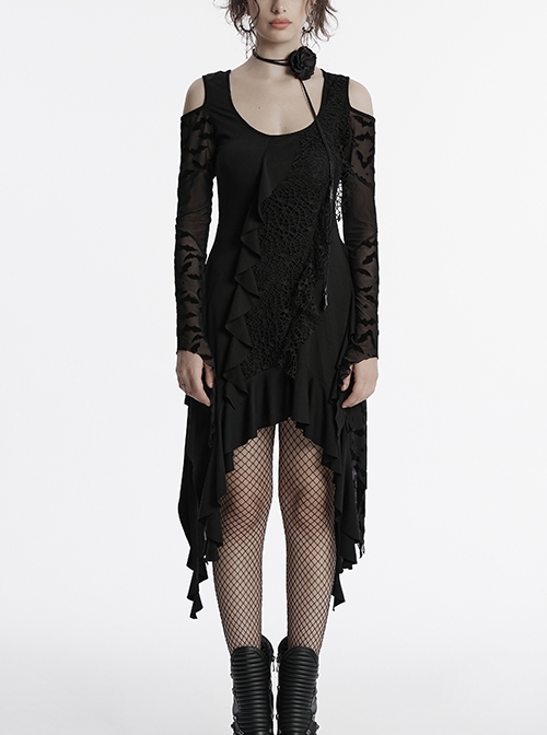Black Sexy Off Shoulder Design Unique Ruffle Stitching Bat Pattern Gothic Style Long Sleeves Dress