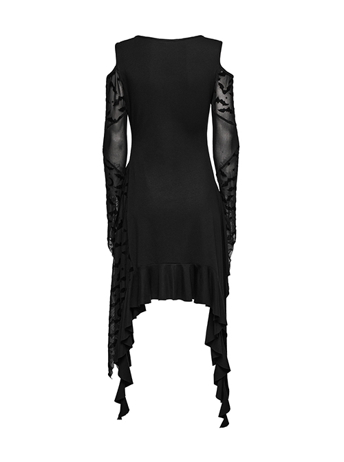 Black Sexy Off Shoulder Design Unique Ruffle Stitching Bat Pattern Gothic Style Long Sleeves Dress