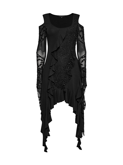 Black Sexy Off Shoulder Design Unique Ruffle Stitching Bat Pattern Gothic Style Long Sleeves Dress