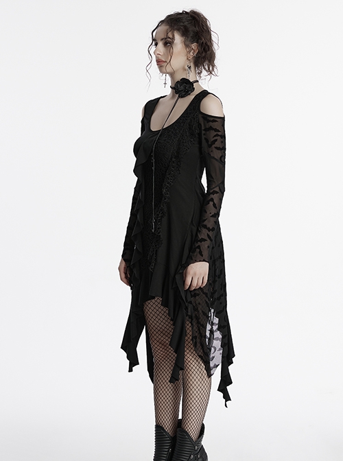 Black Sexy Off Shoulder Design Unique Ruffle Stitching Bat Pattern Gothic Style Long Sleeves Dress