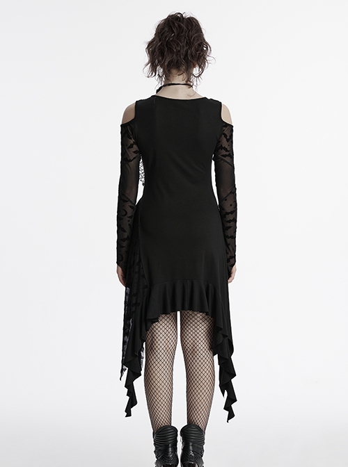 Black Sexy Off Shoulder Design Unique Ruffle Stitching Bat Pattern Gothic Style Long Sleeves Dress