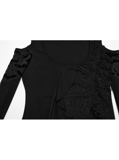 Black Sexy Off Shoulder Design Unique Ruffle Stitching Bat Pattern Gothic Style Long Sleeves Dress