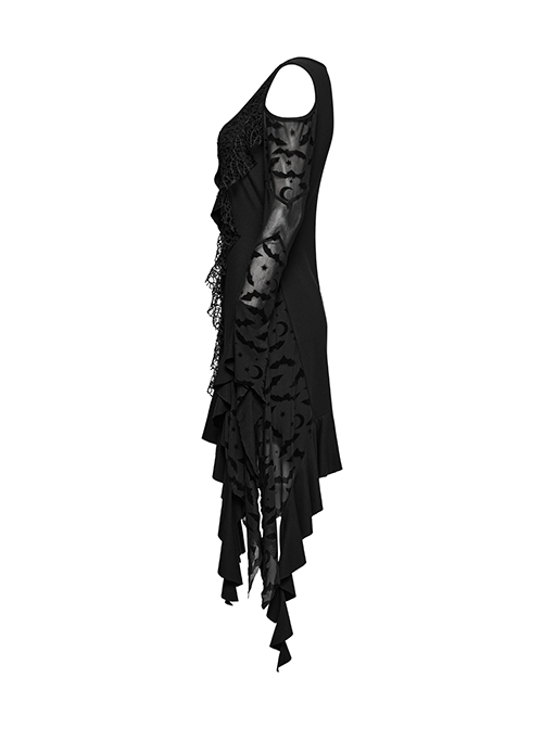 Black Sexy Off Shoulder Design Unique Ruffle Stitching Bat Pattern Gothic Style Long Sleeves Dress