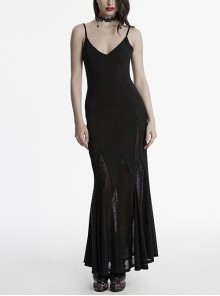 Black Sexy V Neck Irregular Spider Web Mesh Splicing Elegant Slim Gothic Style Suspender Dress