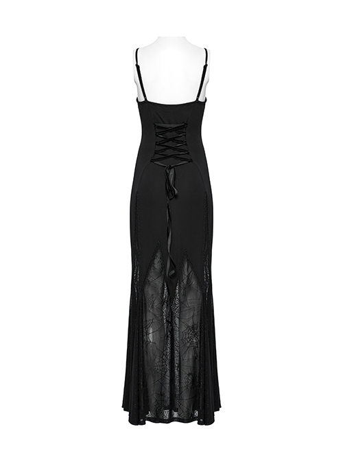 Black Sexy V Neck Irregular Spider Web Mesh Splicing Elegant Slim Gothic Style Suspender Dress