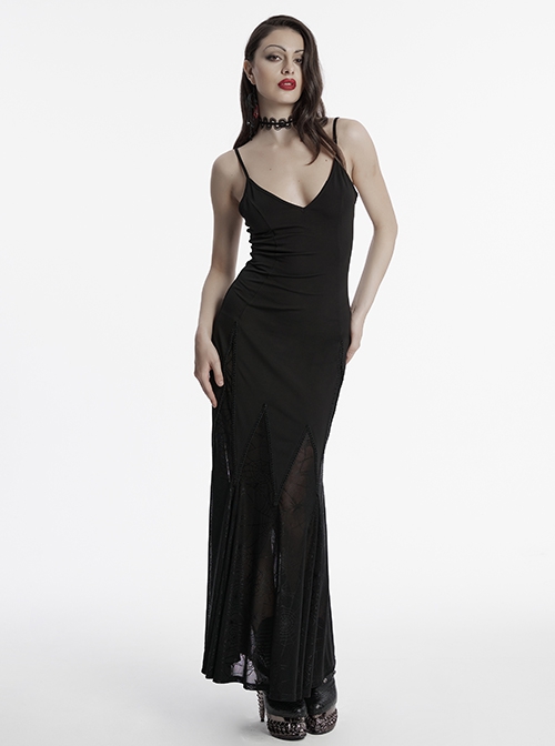 Black Sexy V Neck Irregular Spider Web Mesh Splicing Elegant Slim Gothic Style Suspender Dress