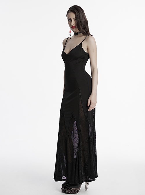 Black Sexy V Neck Irregular Spider Web Mesh Splicing Elegant Slim Gothic Style Suspender Dress