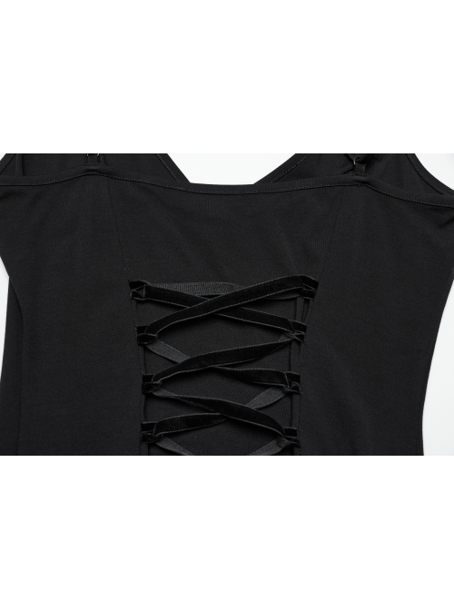 Black Sexy V Neck Irregular Spider Web Mesh Splicing Elegant Slim Gothic Style Suspender Dress