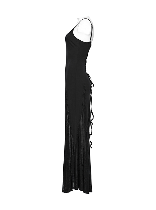Black Sexy V Neck Irregular Spider Web Mesh Splicing Elegant Slim Gothic Style Suspender Dress