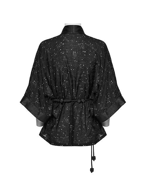 Black Simple Version Design Braided Belt Unique Star Print Gothic Style Wide Sleeve Short Coat