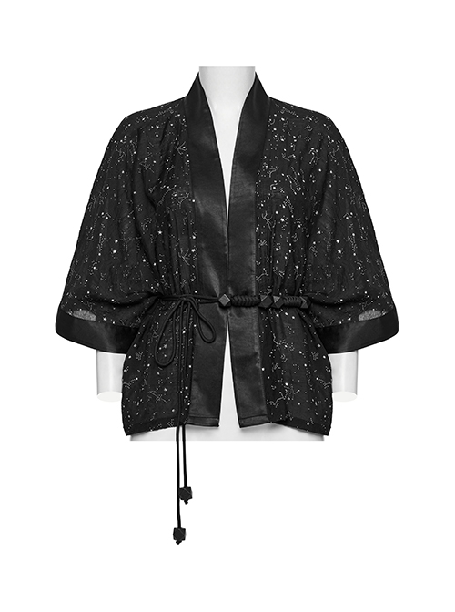 Black Simple Version Design Braided Belt Unique Star Print Gothic Style Wide Sleeve Short Coat