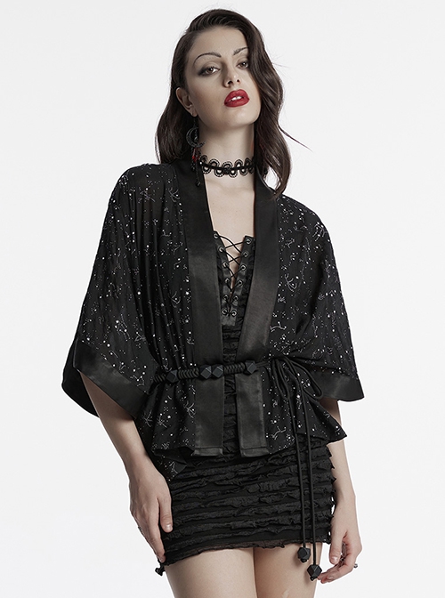 Black Simple Version Design Braided Belt Unique Star Print Gothic Style Wide Sleeve Short Coat