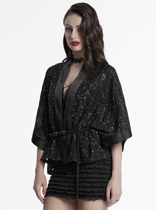 Black Simple Version Design Braided Belt Unique Star Print Gothic Style Wide Sleeve Short Coat