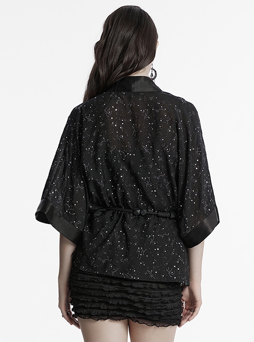 Black Simple Version Design Braided Belt Unique Star Print Gothic Style Wide Sleeve Short Coat