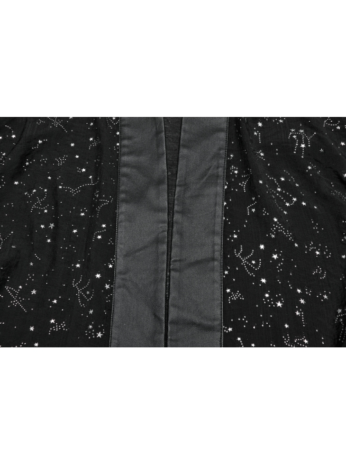 Black Simple Version Design Braided Belt Unique Star Print Gothic Style Wide Sleeve Short Coat