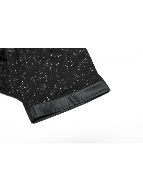 Black Simple Version Design Braided Belt Unique Star Print Gothic Style Wide Sleeve Short Coat