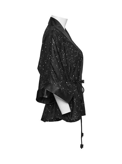 Black Simple Version Design Braided Belt Unique Star Print Gothic Style Wide Sleeve Short Coat