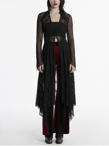 Black Exquisite Pointed Collar Irregular Hem Light Elegant Lace Gothic Style Long Sleeves Coat