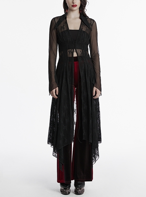Black Exquisite Pointed Collar Irregular Hem Light Elegant Lace Gothic Style Long Sleeves Coat