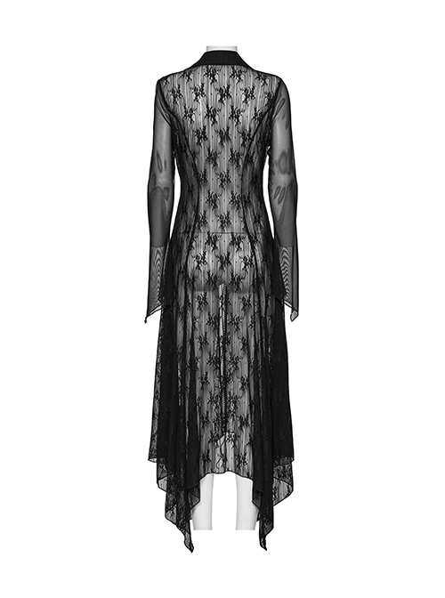 Black Exquisite Pointed Collar Irregular Hem Light Elegant Lace Gothic Style Long Sleeves Coat