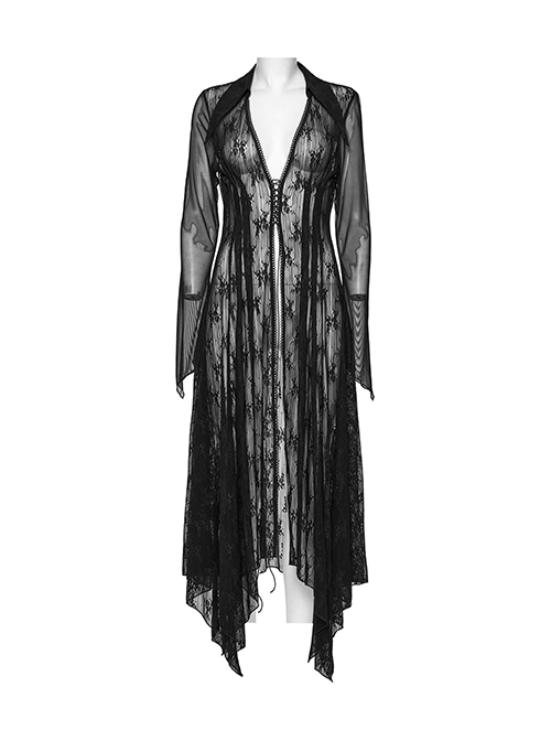 Black Exquisite Pointed Collar Irregular Hem Light Elegant Lace Gothic Style Long Sleeves Coat