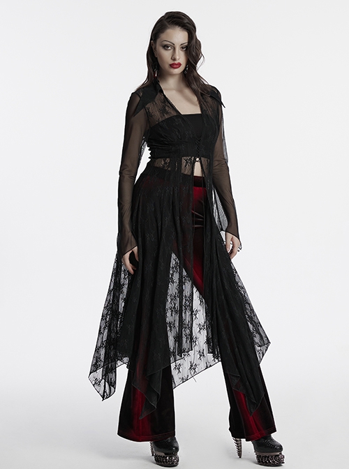 Black Exquisite Pointed Collar Irregular Hem Light Elegant Lace Gothic Style Long Sleeves Coat