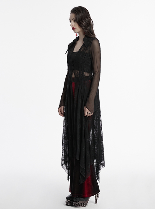 Black Exquisite Pointed Collar Irregular Hem Light Elegant Lace Gothic Style Long Sleeves Coat