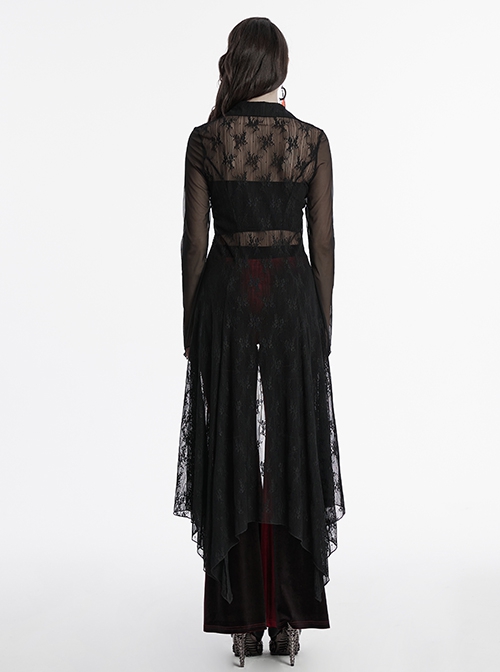Black Exquisite Pointed Collar Irregular Hem Light Elegant Lace Gothic Style Long Sleeves Coat