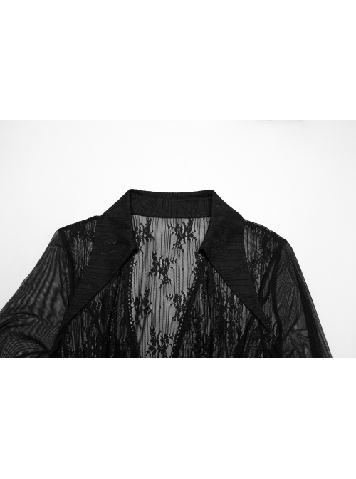 Black Exquisite Pointed Collar Irregular Hem Light Elegant Lace Gothic Style Long Sleeves Coat