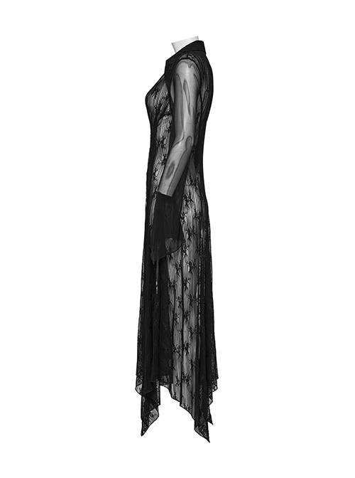 Black Exquisite Pointed Collar Irregular Hem Light Elegant Lace Gothic Style Long Sleeves Coat