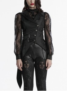 Retro Elegant Black Personality Asymmetrical Hem Gorgeous Carved Metal Buckle Decoration Gothic Style Vest
