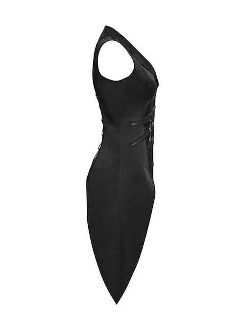 Retro Elegant Black Personality Asymmetrical Hem Gorgeous Carved Metal Buckle Decoration Gothic Style Vest