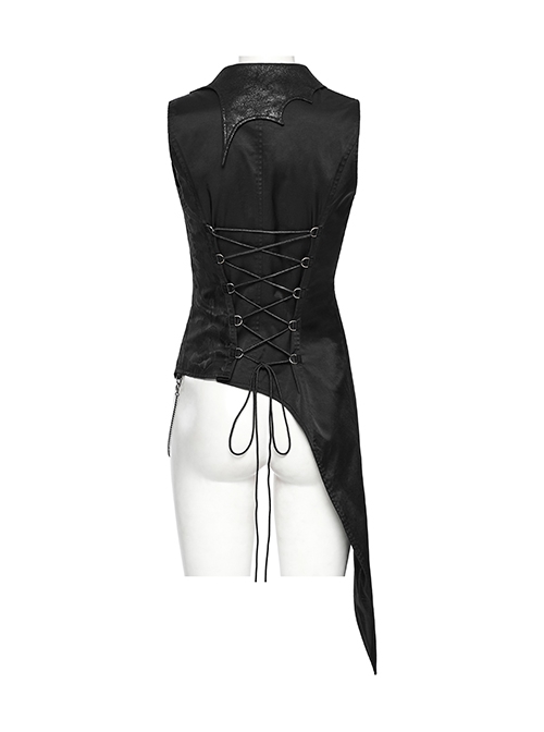 Retro Elegant Black Personality Asymmetrical Hem Gorgeous Carved Metal Buckle Decoration Gothic Style Vest