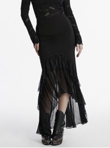 Black Elegant Knitted Patchwork Exquisite Lace Patchwork Hem Gothic Style Skirt