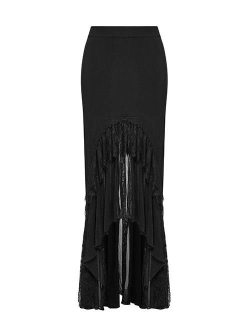 Black Elegant Knitted Patchwork Exquisite Lace Patchwork Hem Gothic Style Skirt