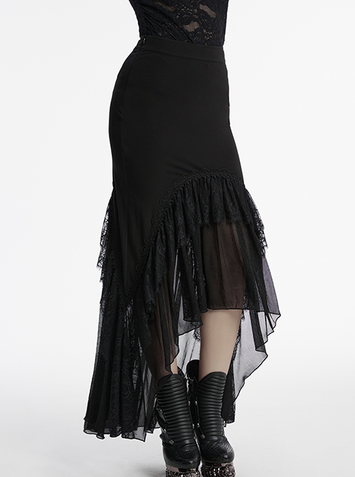 Black Elegant Knitted Patchwork Exquisite Lace Patchwork Hem Gothic Style Skirt