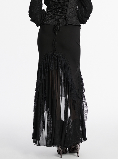Black Elegant Knitted Patchwork Exquisite Lace Patchwork Hem Gothic Style Skirt