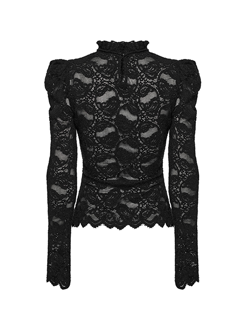 Black Elegant Ruffled Stand Collar Exquisite Lace Stitching Gothic Style Slim Long Sleeves Top
