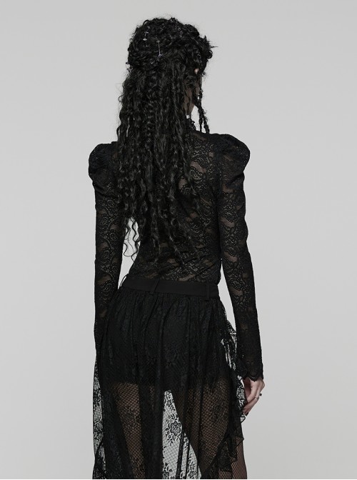 Black Elegant Ruffled Stand Collar Exquisite Lace Stitching Gothic Style Slim Long Sleeves Top