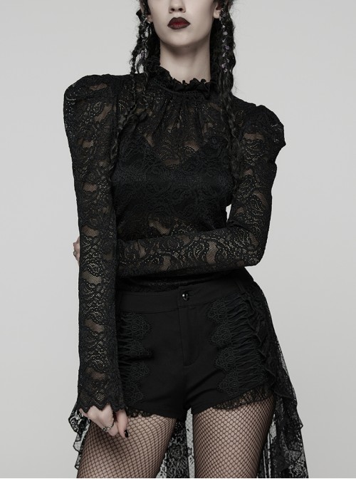 Black Elegant Ruffled Stand Collar Exquisite Lace Stitching Gothic Style Slim Long Sleeves Top