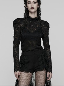 Black Elegant Ruffled Stand Collar Exquisite Lace Stitching Gothic Style Slim Long Sleeves Top