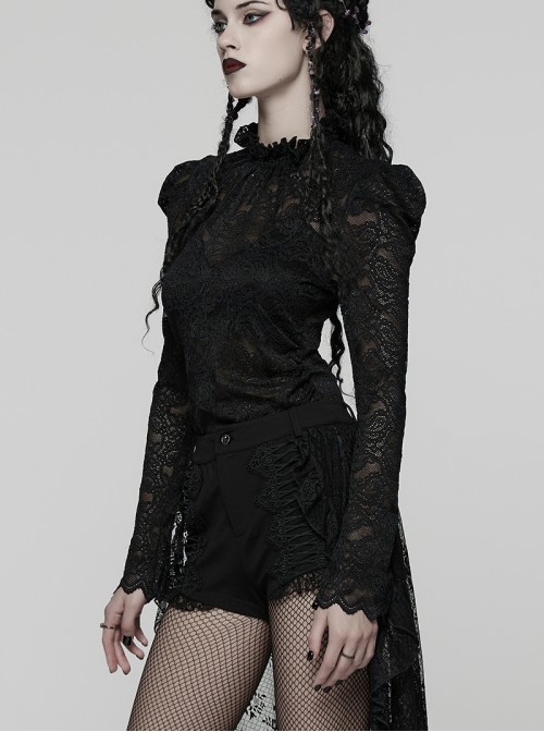 Black Elegant Ruffled Stand Collar Exquisite Lace Stitching Gothic Style Slim Long Sleeves Top