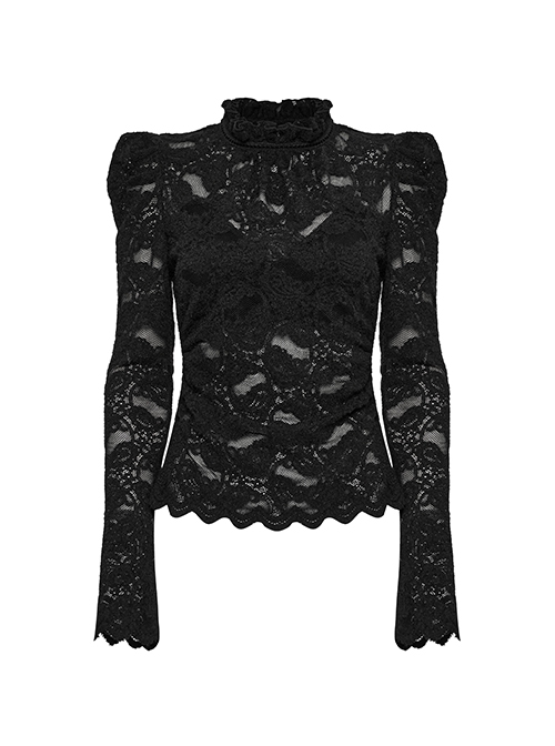 Black Elegant Ruffled Stand Collar Exquisite Lace Stitching Gothic Style Slim Long Sleeves Top