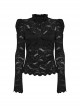 Black Elegant Ruffled Stand Collar Exquisite Lace Stitching Gothic Style Slim Long Sleeves Top