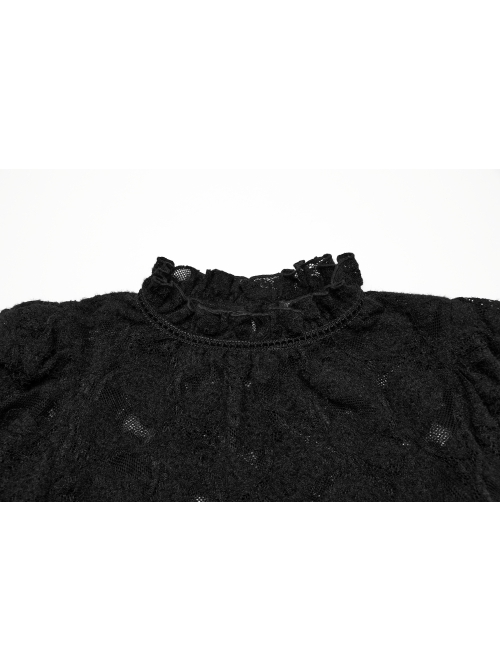 Black Elegant Ruffled Stand Collar Exquisite Lace Stitching Gothic Style Slim Long Sleeves Top
