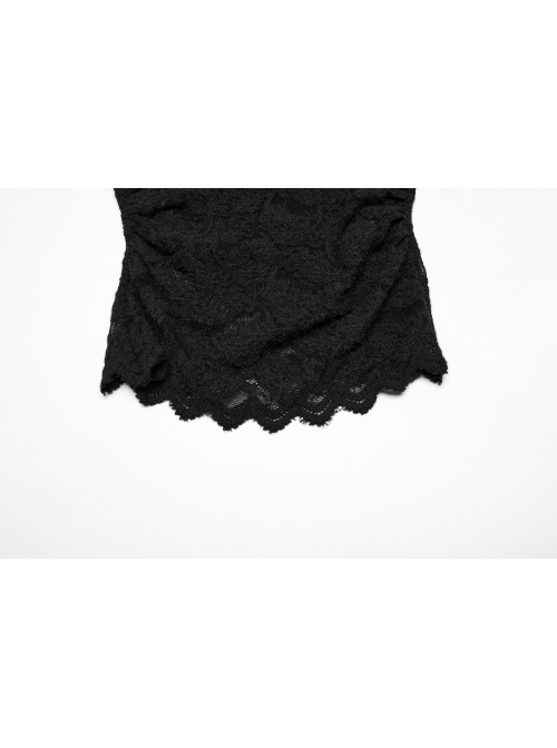 Black Elegant Ruffled Stand Collar Exquisite Lace Stitching Gothic Style Slim Long Sleeves Top