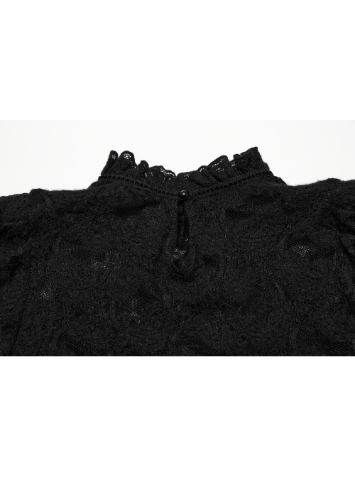 Black Elegant Ruffled Stand Collar Exquisite Lace Stitching Gothic Style Slim Long Sleeves Top